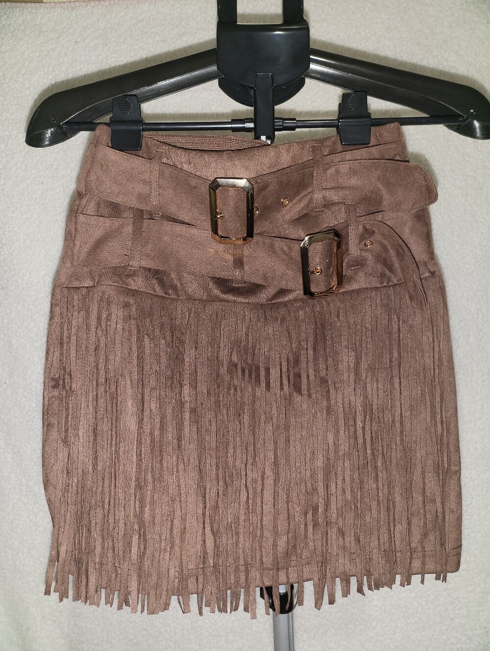 Giorgia - High-Waist Brown Fringe Suede Mini Skirt with Buckle Detail